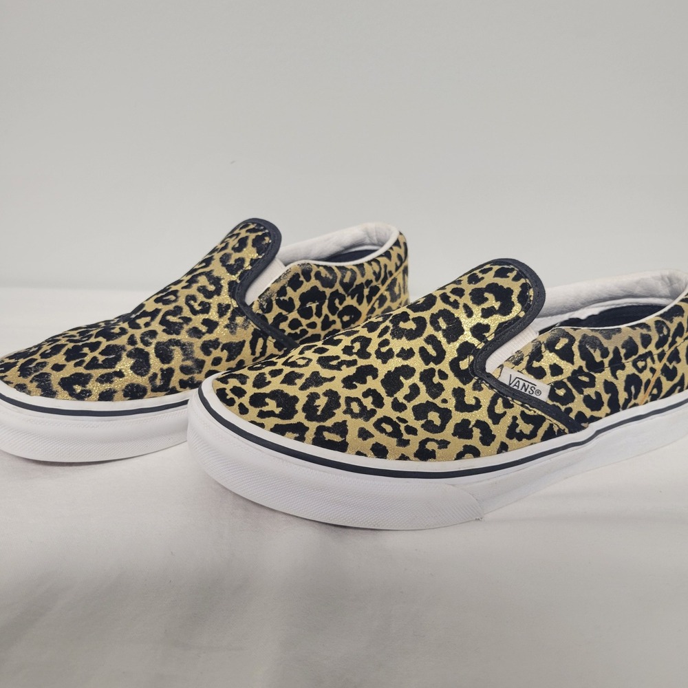 Vans Classic Slip-On Gold Glitter Leopard Print Skate Shoes US Jr. Sz 5